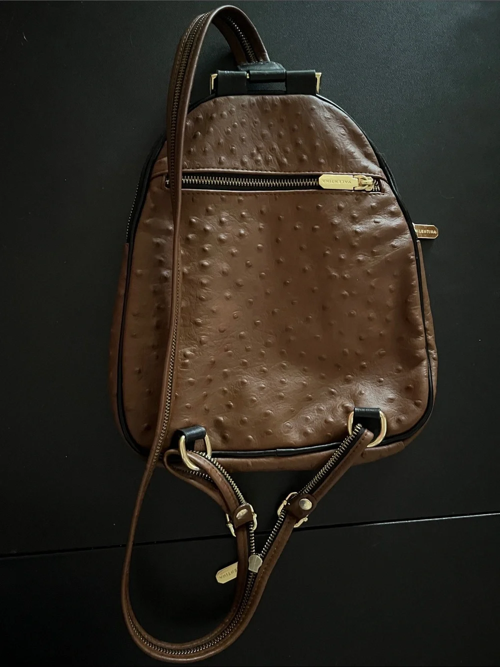 Valentina Brown Faux-Ostrich Mini Backpack Purse size with Gold Hardware
